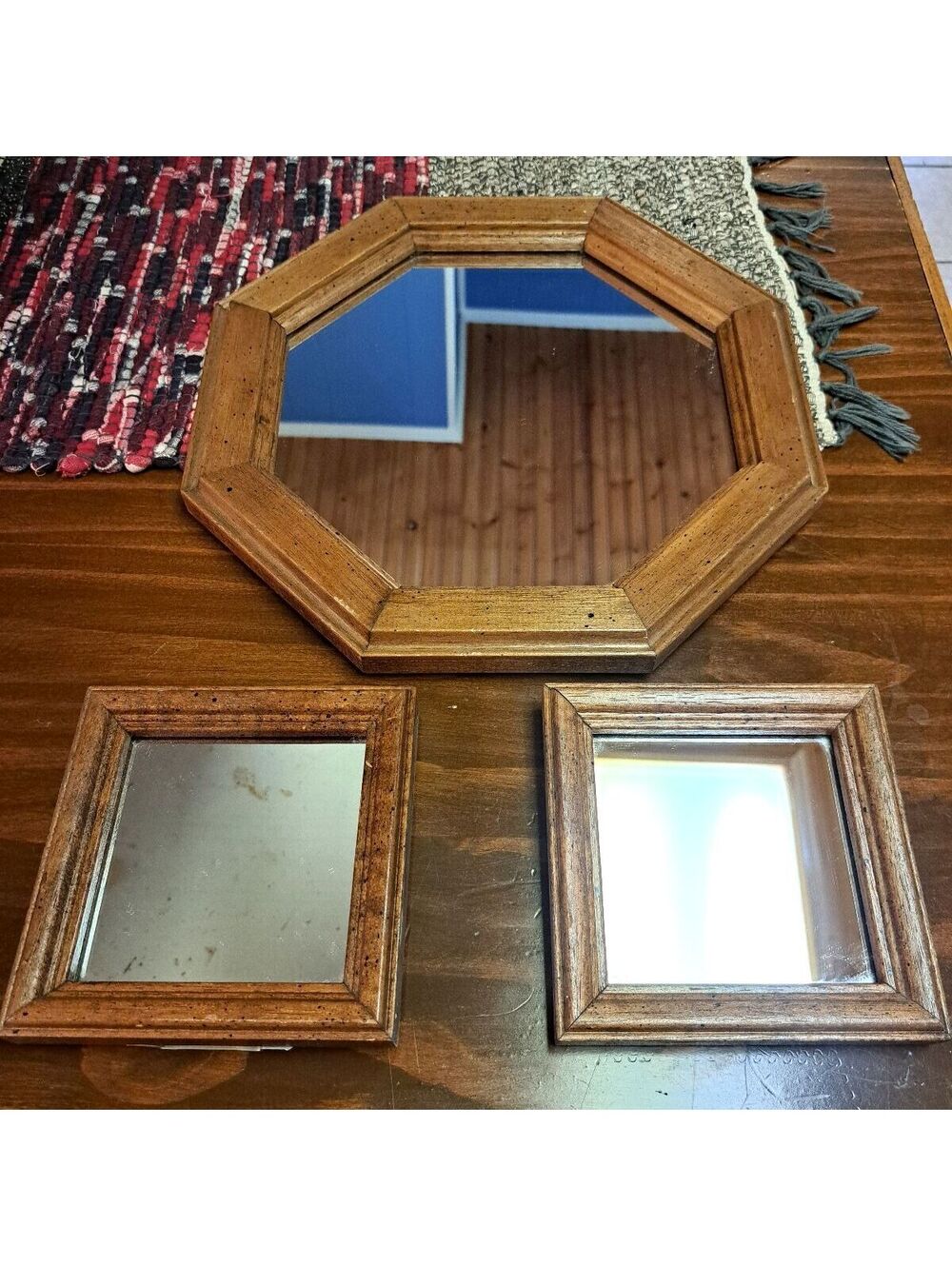 Vintage 3 Pc Set of Wall Hanging Mirrors 11.5" Hexagon, 2-5" Squares